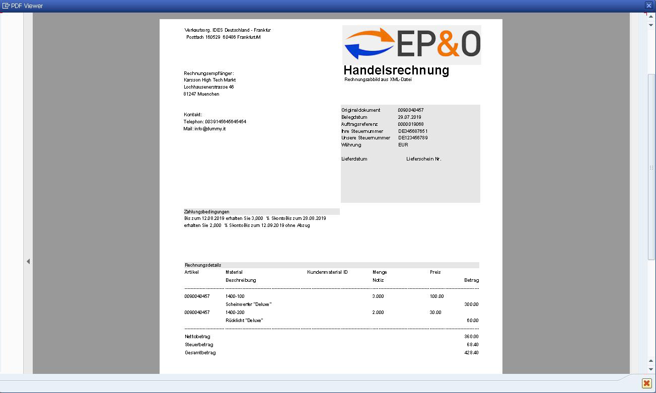 Ausgehende XRechnungen werden im SAP wahlweise in ein PDF oder in eine HTML-Seite umgewandelt (Viewer).