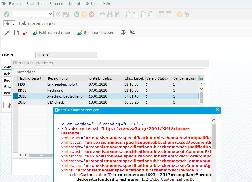 xrechnung sap sd fi faktura anzeigen xml ubl